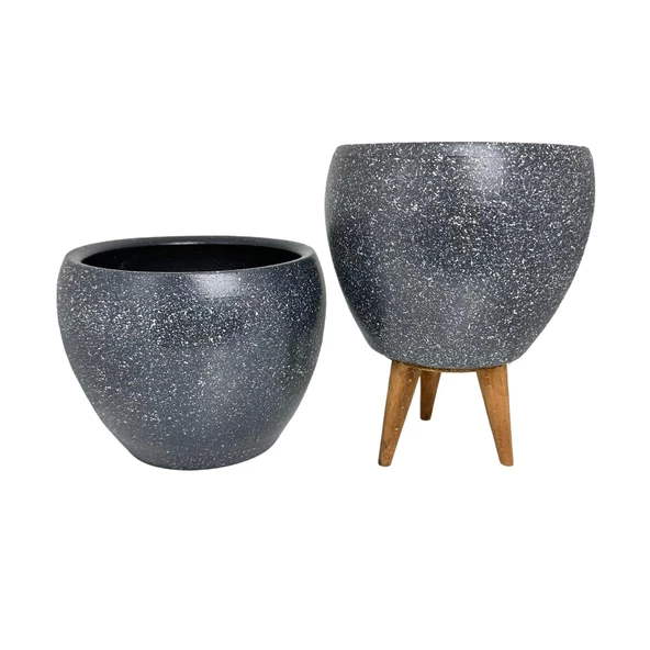 Bitki Tasarımı Gri Granit Toprak Saksı Saksılık Salon Çiçeklik İkili Set Ayaksız - 3 Ayaklı- 15 CM - Resim 3