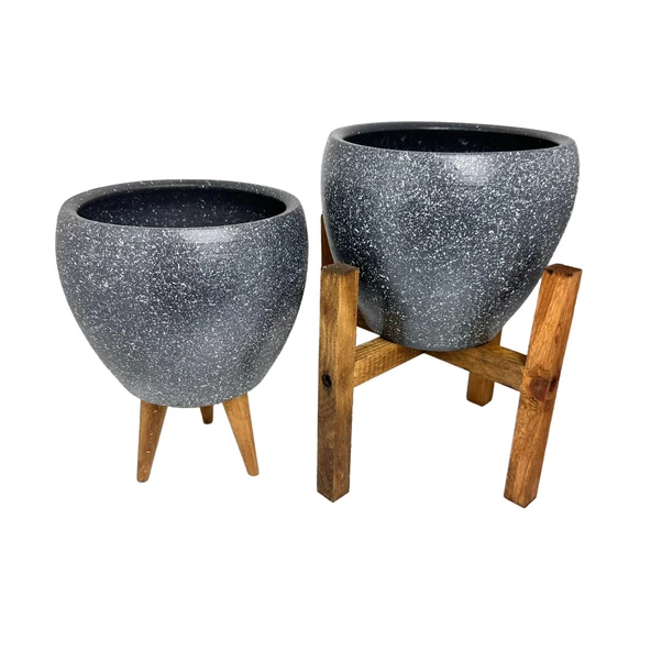 Bitki Tasarımı Gri Granit Toprak Saksı Saksılık Salon Çiçeklik İkili Set 3 Ayaklı- 4 Ayaklı- 15 CM - 5