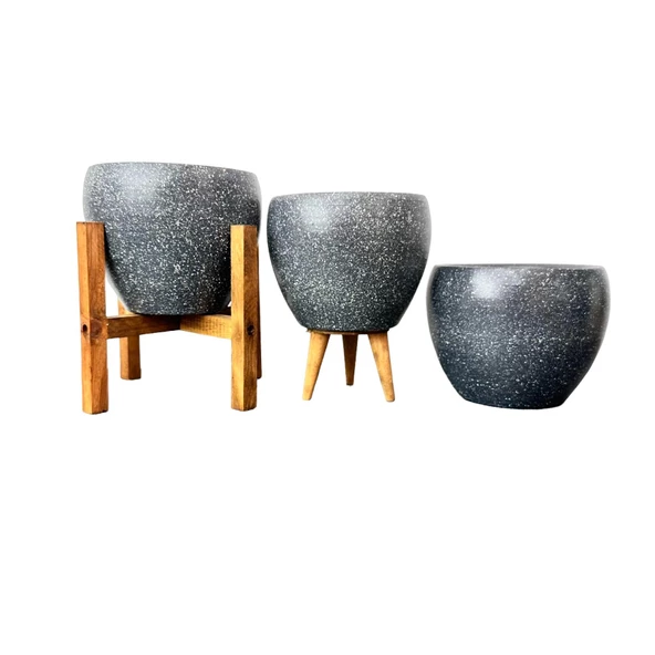 Bitki Tasarımı Gri Granit Toprak Saksı Saksılık Salon Çiçeklik Üçlü Set - 15 CM - Resim 2