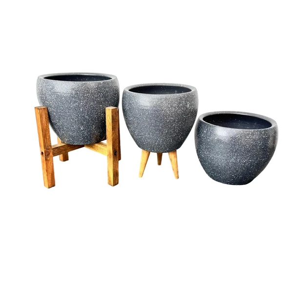 Bitki Tasarımı Gri Granit Toprak Saksı Saksılık Salon Çiçeklik Üçlü Set - 15 CM - Resim 6