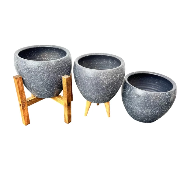 Bitki Tasarımı Gri Granit Toprak Saksı Saksılık Salon Çiçeklik Üçlü Set - 15 CM - Resim 8