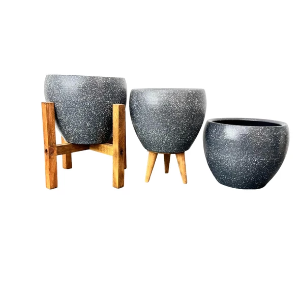 Bitki Tasarımı Gri Granit Toprak Saksı Saksılık Salon Çiçeklik Üçlü Set - 15 CM - Resim 4