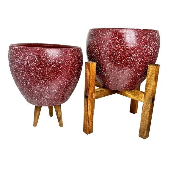 Bitki Tasarımı Bordo Granit Toprak Saksı Saksılık Salon Çiçeklik İkili Set 3 Ayaklı- 4 Ayaklı- 15 CM - Resim 5