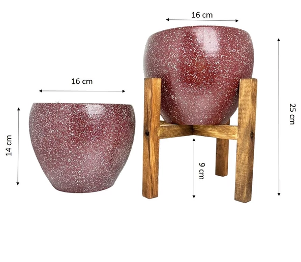 Bitki Tasarımı Bordo Granit Toprak Saksı Saksılık Salon Çiçeklik İkili Set Ayaksız - 4 Ayaklı- 15 CM - Resim 2