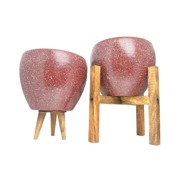 Bitki Tasarımı Bordo Granit Toprak Saksı Saksılık Salon Çiçeklik İkili Set 3 Ayaklı- 4 Ayaklı- 15 CM