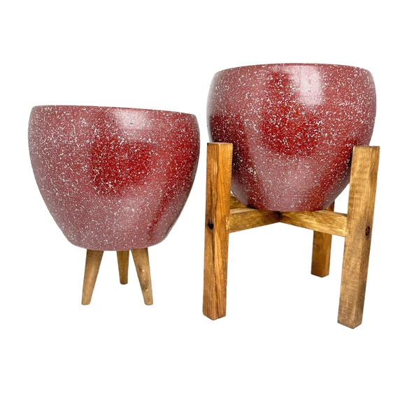 Bitki Tasarımı Bordo Granit Toprak Saksı Saksılık Salon Çiçeklik İkili Set 3 Ayaklı- 4 Ayaklı- 15 CM - Resim 4