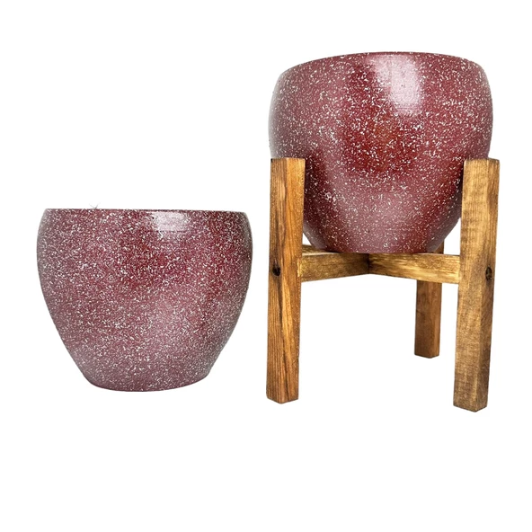 Bitki Tasarımı Bordo Granit Toprak Saksı Saksılık Salon Çiçeklik İkili Set Ayaksız - 4 Ayaklı- 15 CM - Resim 3