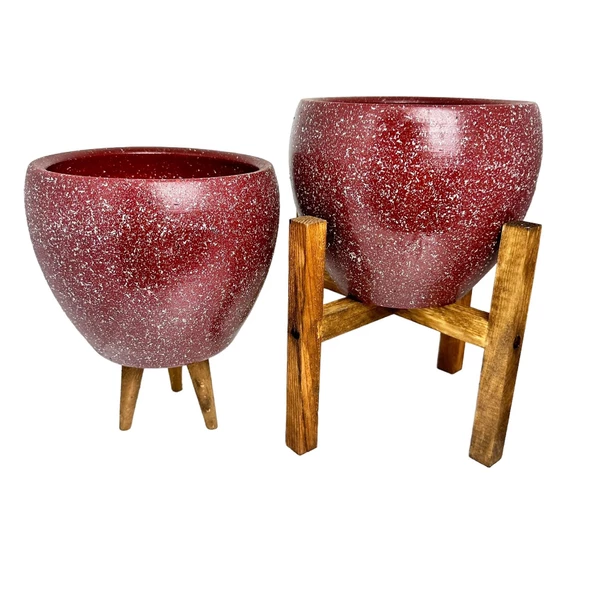 Bitki Tasarımı Bordo Granit Toprak Saksı Saksılık Salon Çiçeklik İkili Set 3 Ayaklı- 4 Ayaklı- 15 CM - Resim 6