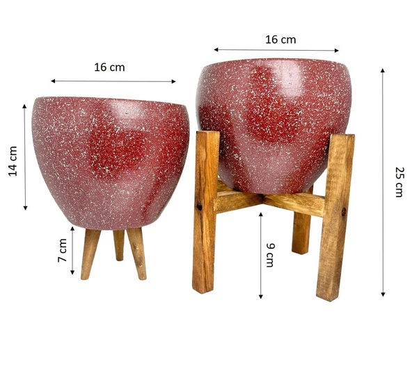 Bitki Tasarımı Bordo Granit Toprak Saksı Saksılık Salon Çiçeklik İkili Set 3 Ayaklı- 4 Ayaklı- 15 CM - Resim 3
