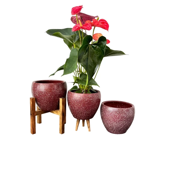 Bitki Tasarımı Bordo Granit Toprak Saksı Saksılık Salon Çiçeklik Üçlü Set - 15 CM - 7