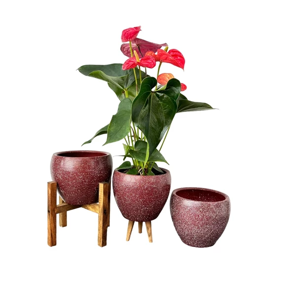 Bitki Tasarımı Bordo Granit Toprak Saksı Saksılık Salon Çiçeklik Üçlü Set - 15 CM - 8