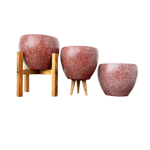 Bitki Tasarımı Bordo Granit Toprak Saksı Saksılık Salon Çiçeklik Üçlü Set - 15 CM - 9
