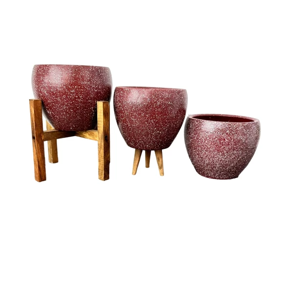 Bitki Tasarımı Bordo Granit Toprak Saksı Saksılık Salon Çiçeklik Üçlü Set - 15 CM - 3