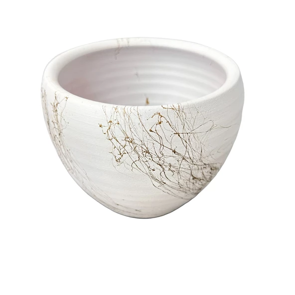 Bitki Tasarımı Beyaz Üzeri Gold Mermer Efektli Toprak Saksı Saksılık Salon Çiçeklik - 15 Cm - 3