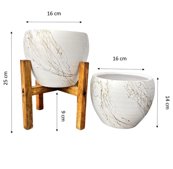 Bitki Tasarımı Beyaz Üzeri Gold Mermer Efektli Toprak Saksı Saksılık Salon Çiçeklik İkili Set Ayaksız - 4 Ayaklı- 15 Cm - Resim 2