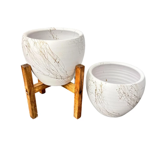 Bitki Tasarımı Beyaz Üzeri Gold Mermer Efektli Toprak Saksı Saksılık Salon Çiçeklik İkili Set Ayaksız - 4 Ayaklı- 15 Cm - Resim 6