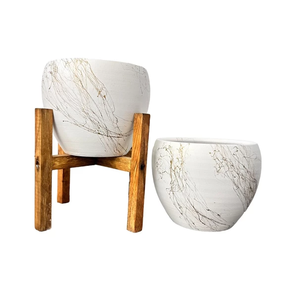 Bitki Tasarımı Beyaz Üzeri Gold Mermer Efektli Toprak Saksı Saksılık Salon Çiçeklik İkili Set Ayaksız - 4 Ayaklı- 15 Cm - Resim 3