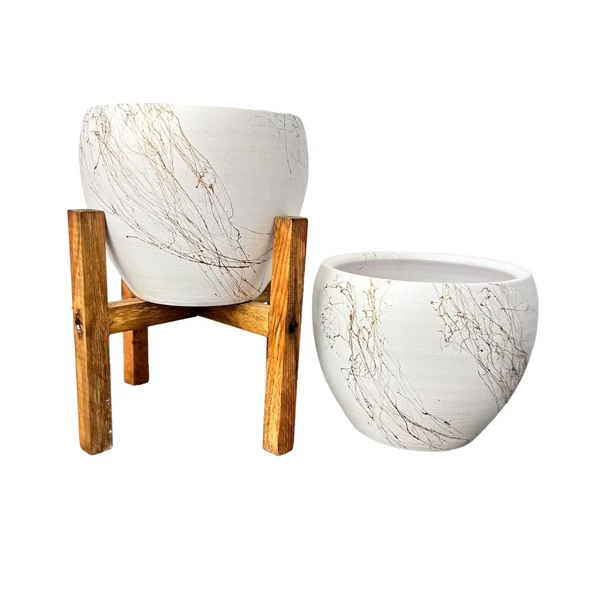 Bitki Tasarımı Beyaz Üzeri Gold Mermer Efektli Toprak Saksı Saksılık Salon Çiçeklik İkili Set Ayaksız - 4 Ayaklı- 15 Cm