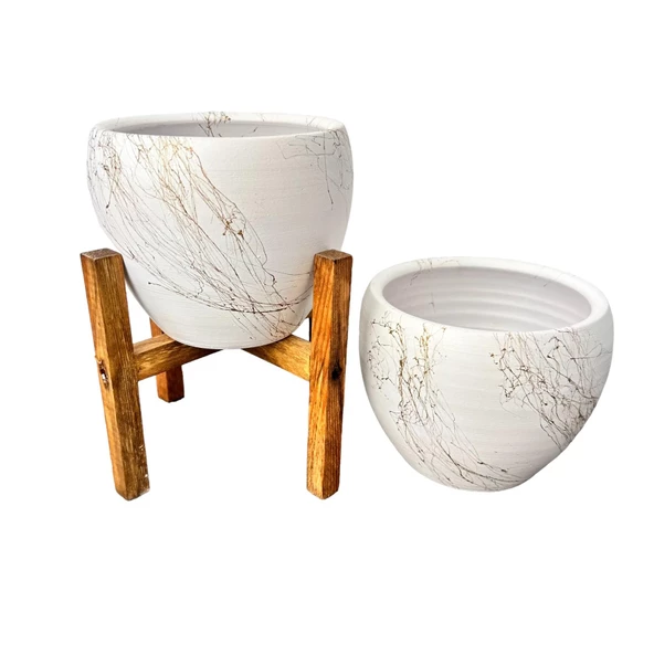 Bitki Tasarımı Beyaz Üzeri Gold Mermer Efektli Toprak Saksı Saksılık Salon Çiçeklik İkili Set Ayaksız - 4 Ayaklı- 15 Cm - Resim 5