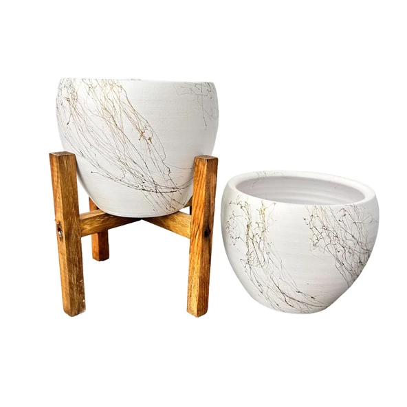 Bitki Tasarımı Beyaz Üzeri Gold Mermer Efektli Toprak Saksı Saksılık Salon Çiçeklik İkili Set Ayaksız - 4 Ayaklı- 15 Cm - Resim 4