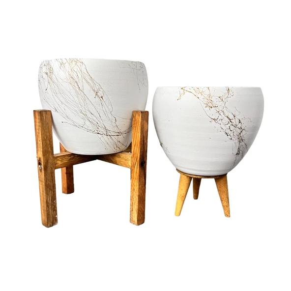 Bitki Tasarımı Beyaz Üzeri Gold Mermer Efektli Toprak Saksı Saksılık Salon Çiçeklik İkili Set 3 Ayaklı- 4 Ayaklı- 15 Cm