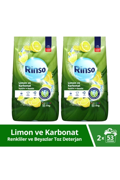 Rinso Limon ve Karbonat Renkliler ve Beyazlar için Toz Çamaşır Deterjanı 53 Yıkama 2 x 8 Kg