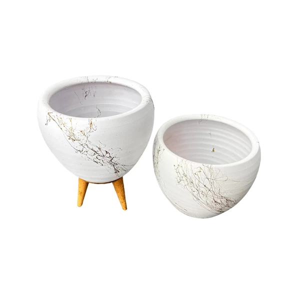 Bitki Tasarımı Beyaz Üzeri Gold Mermer Efektli Toprak Saksı Saksılık Salon Çiçeklik İkili Set Ayaksız - 3 Ayaklı- 15 Cm - Resim 7