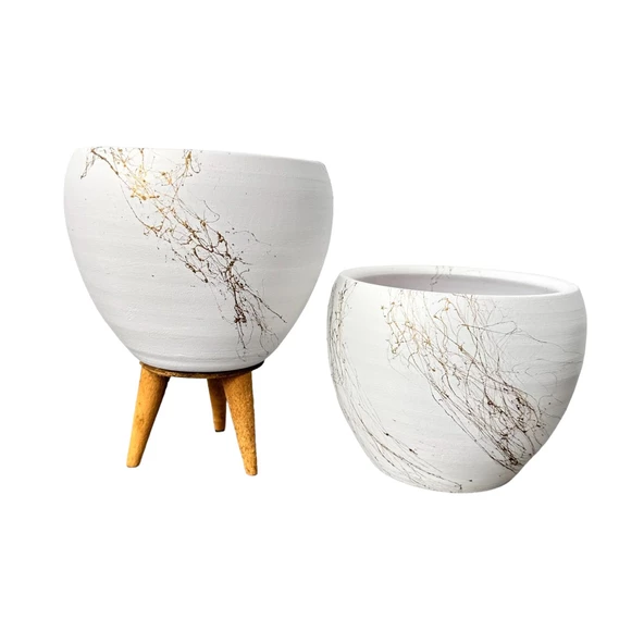 Bitki Tasarımı Beyaz Üzeri Gold Mermer Efektli Toprak Saksı Saksılık Salon Çiçeklik İkili Set Ayaksız - 3 Ayaklı- 15 Cm - Resim 8