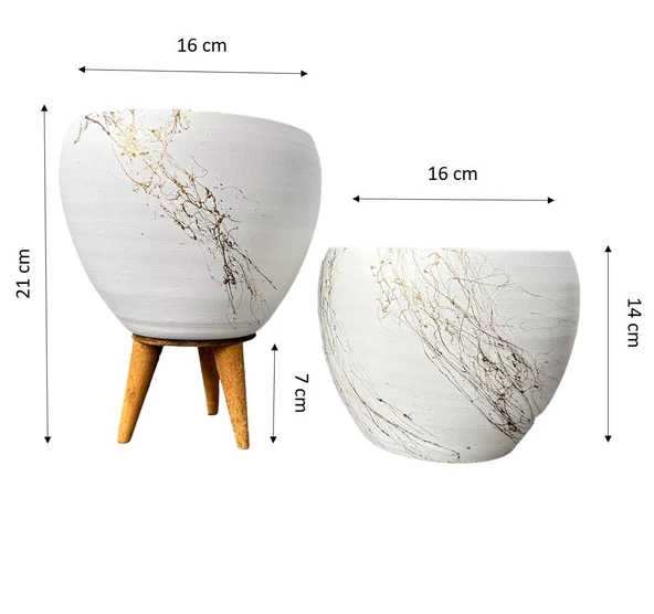 Bitki Tasarımı Beyaz Üzeri Gold Mermer Efektli Toprak Saksı Saksılık Salon Çiçeklik İkili Set Ayaksız - 3 Ayaklı- 15 Cm - Resim 2