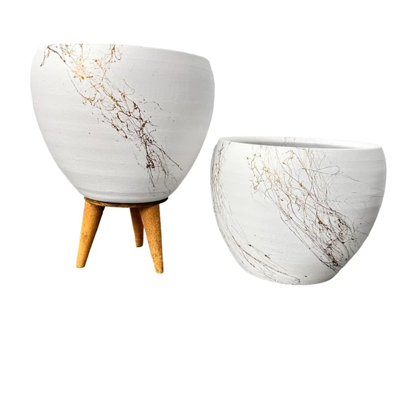 Bitki Tasarımı Beyaz Üzeri Gold Mermer Efektli Toprak Saksı Saksılık Salon Çiçeklik İkili Set Ayaksız - 3 Ayaklı- 15 Cm - Resim 4