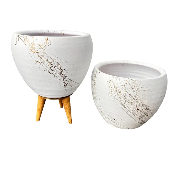 Bitki Tasarımı Beyaz Üzeri Gold Mermer Efektli Toprak Saksı Saksılık Salon Çiçeklik İkili Set Ayaksız - 3 Ayaklı- 15 Cm - Resim 5
