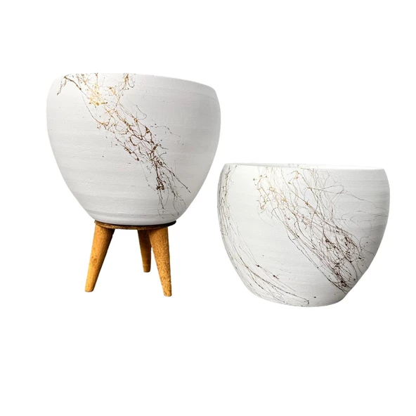 Bitki Tasarımı Beyaz Üzeri Gold Mermer Efektli Toprak Saksı Saksılık Salon Çiçeklik İkili Set Ayaksız - 3 Ayaklı- 15 Cm - Resim 9