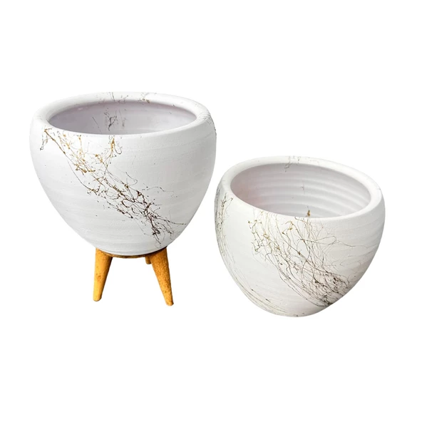 Bitki Tasarımı Beyaz Üzeri Gold Mermer Efektli Toprak Saksı Saksılık Salon Çiçeklik İkili Set Ayaksız - 3 Ayaklı- 15 Cm - Resim 6