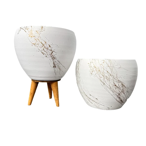 Bitki Tasarımı Beyaz Üzeri Gold Mermer Efektli Toprak Saksı Saksılık Salon Çiçeklik İkili Set Ayaksız - 3 Ayaklı- 15 Cm - Resim 3