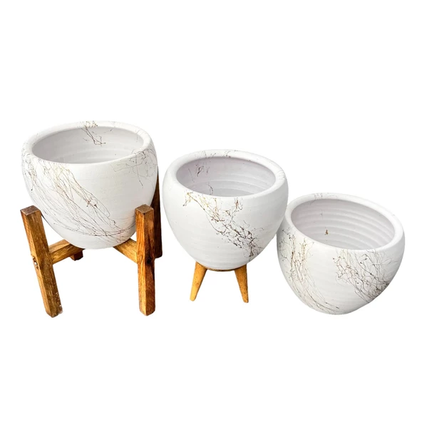 Bitki Tasarımı Beyaz Üzeri Gold Mermer Efektli Toprak Saksı Saksılık Salon Çiçeklik Üçlü Set - 15 Cm - 8