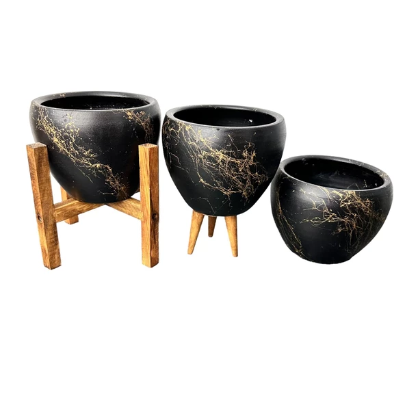 Bitki Tasarımı Siyah Üzeri Gold Mermer Efektli Toprak Saksı Saksılık Salon Çiçeklik Üçlü Set - 15 Cm - Resim 5