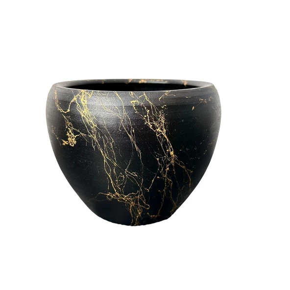Bitki Tasarımı Siyah Üzeri Gold Mermer Efektli Toprak Saksı Saksılık Salon Çiçeklik - 15 Cm - 3