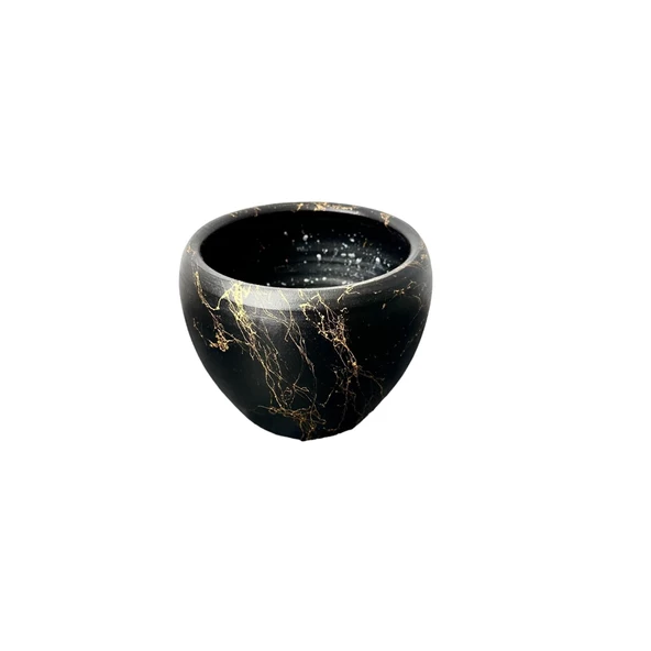 Bitki Tasarımı Siyah Üzeri Gold Mermer Efektli Toprak Saksı Saksılık Salon Çiçeklik - 15 Cm - 6