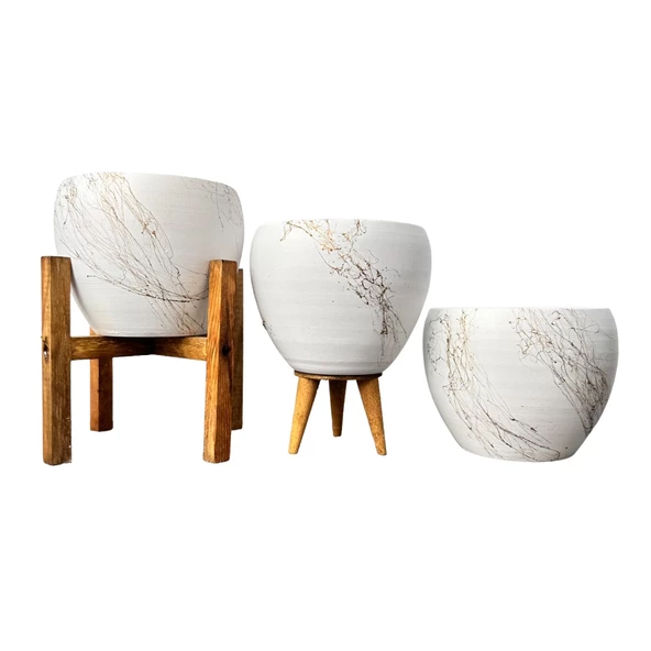 Bitki Tasarımı Beyaz Üzeri Gold Mermer Efektli Toprak Saksı Saksılık Salon Çiçeklik Üçlü Set - 15 Cm