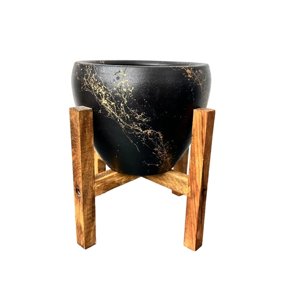 Bitki Tasarımı Siyah Üzeri Gold Mermer Efektli Toprak Saksı Saksılık Salon Çiçeklik 4 Ayaklı - 15 Cm - 4
