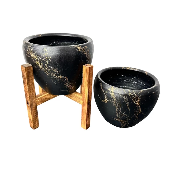 Siyah Üzeri Gold Mermer Efektli Toprak Saksı Saksılık Salon Çiçeklik İkili Set Ayaksız -4 Ayaklı-15 Cm - 6