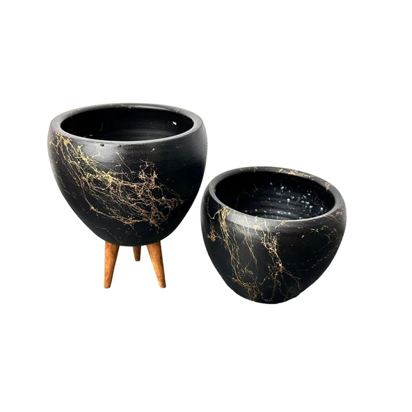 Bitki Tasarımı Siyah Üzeri Gold Mermer Efektli Toprak Saksı Saksılık Salon Çiçeklik İkili Set Ayaksız - 3 Ayaklı- 15 Cm - 6