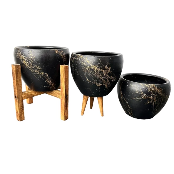 Bitki Tasarımı Siyah Üzeri Gold Mermer Efektli Toprak Saksı Saksılık Salon Çiçeklik Üçlü Set - 15 Cm - Resim 4