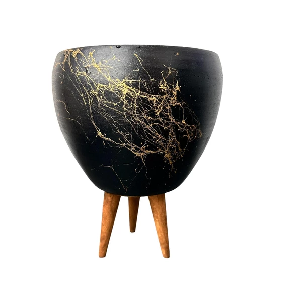 Bitki Tasarımı Siyah Üzeri Gold Mermer Efektli Toprak Saksı Saksılık Salon Çiçeklik 3 Ayaklı - 15 Cm - Resim 3
