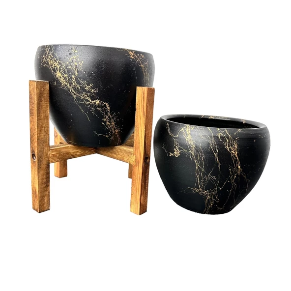Siyah Üzeri Gold Mermer Efektli Toprak Saksı Saksılık Salon Çiçeklik İkili Set Ayaksız -4 Ayaklı-15 Cm - 3