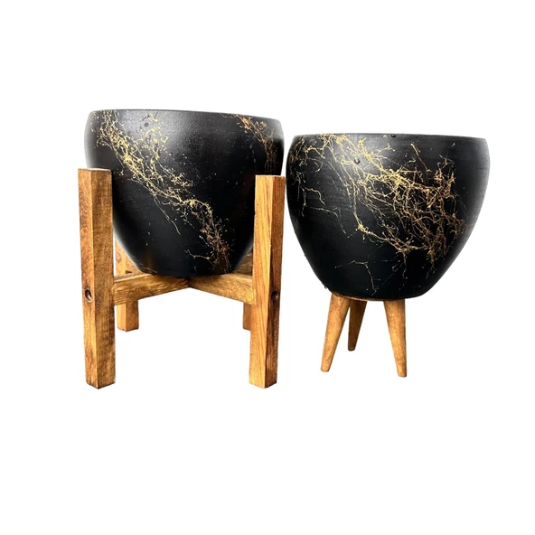 Bitki Tasarımı Siyah Üzeri Gold Mermer Efektli Toprak Saksı Saksılık Salon Çiçeklik İkili Set 3 Ayaklı- 4 Ayaklı- 15 Cm - 3