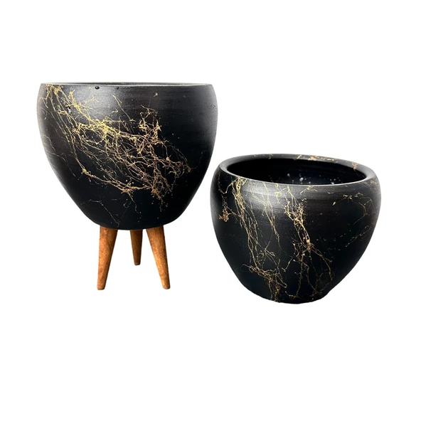 Bitki Tasarımı Siyah Üzeri Gold Mermer Efektli Toprak Saksı Saksılık Salon Çiçeklik İkili Set Ayaksız - 3 Ayaklı- 15 Cm - 4