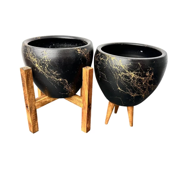 Bitki Tasarımı Siyah Üzeri Gold Mermer Efektli Toprak Saksı Saksılık Salon Çiçeklik İkili Set 3 Ayaklı- 4 Ayaklı- 15 Cm - 5