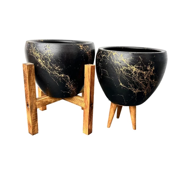 Bitki Tasarımı Siyah Üzeri Gold Mermer Efektli Toprak Saksı Saksılık Salon Çiçeklik İkili Set 3 Ayaklı- 4 Ayaklı- 15 Cm - 4