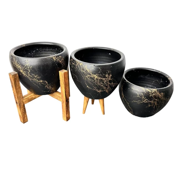 Bitki Tasarımı Siyah Üzeri Gold Mermer Efektli Toprak Saksı Saksılık Salon Çiçeklik Üçlü Set - 15 Cm - Resim 6